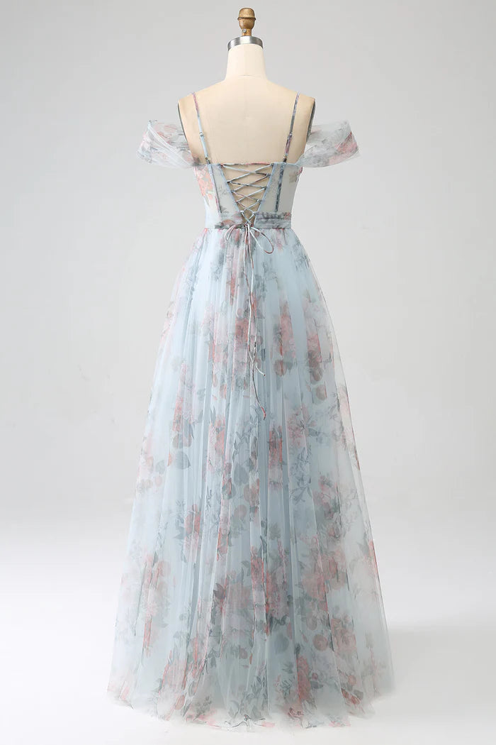 Robe trapèze Weitese bleue imprimée, épaules dénudées, corset, robe de soirée, robe longue sans manches avec fente, robe de bal